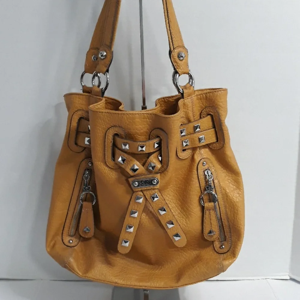 Kathy Van Zeeland Metal Studded Drawstring Bucket Bag In Mustard Yellow *EUC* - Picture 2 of 11